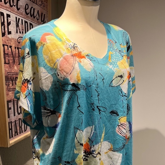 large blouse cap sleeve spring floral teal pattern nwt jess and Jane top - Picture 4 of 12